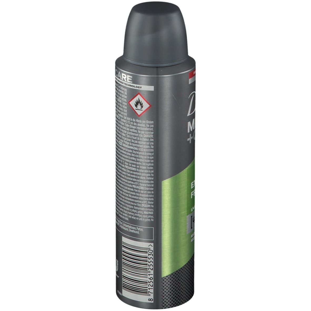 Bombe de déodorant grise et noire. Dove MEN+CARE Extra Fresh. Accents verts. Avertissement.