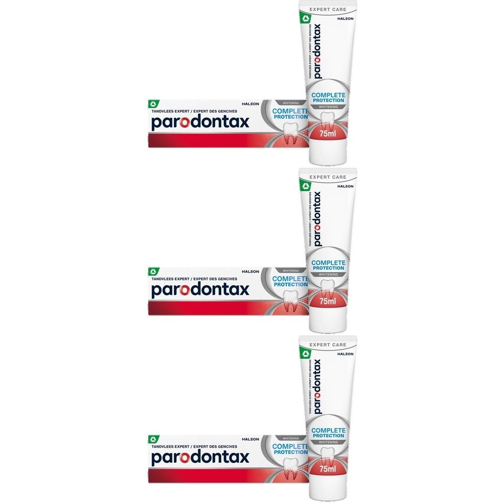 Plusieurs tubes de dentifrice parodontax Complete Protection. Tubes blancs avec texte rouge et vert. 75ml.