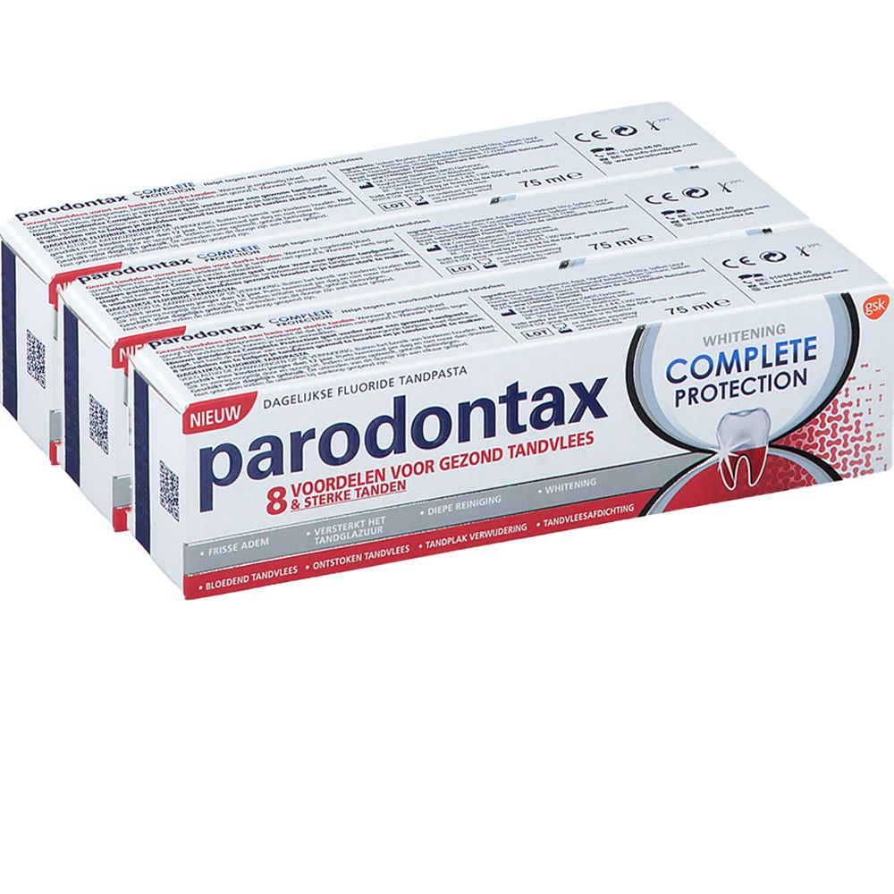 Mehrere Packungen Zahnpasta. Aufschrift: parodontax, Complete Protection Whitening. Verpackung mit 75 ml Inhalt.