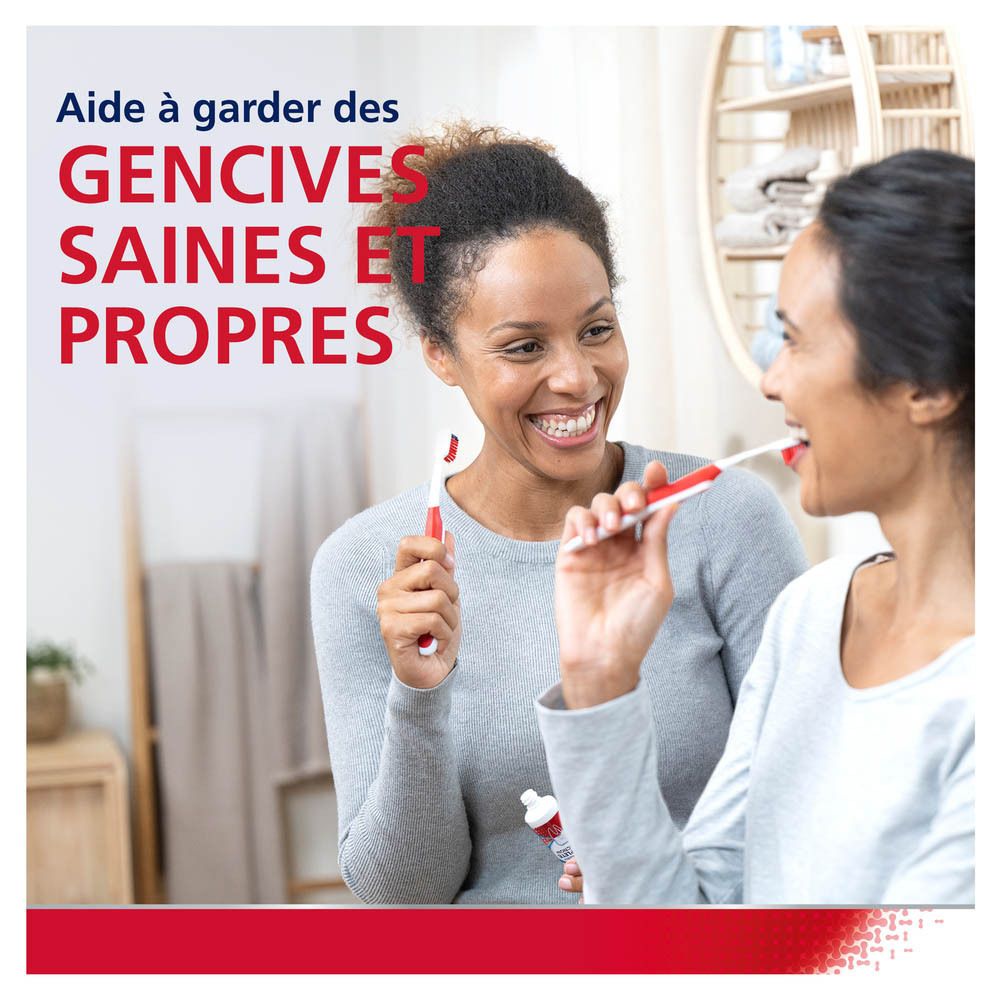 Deux femmes se brossent les dents. Texte : Aide à garder des gencives saines et propres. Fond de salle de bain.