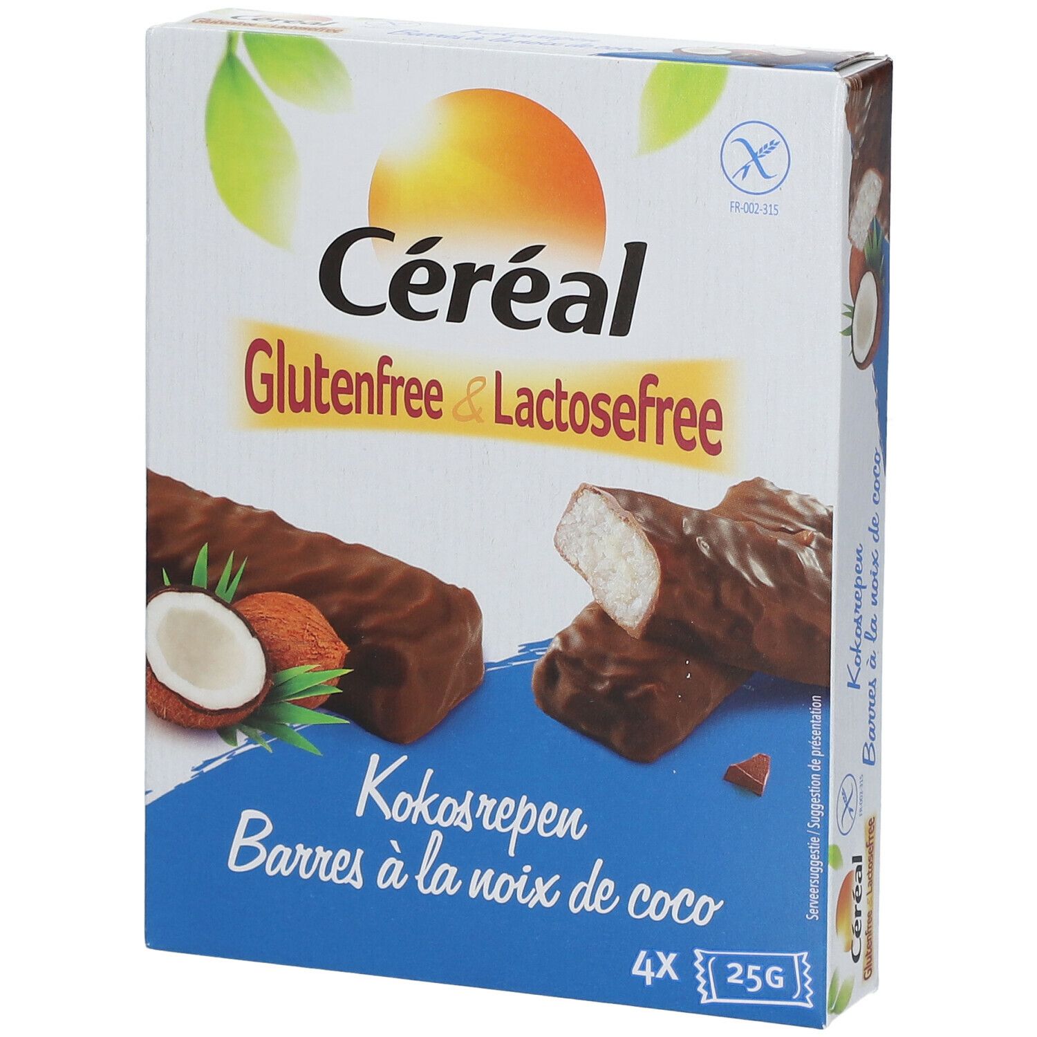Verpackung mit Céréal Kokosriegeln. Glutenfrei & laktosefrei. 4 Riegel, 25g pro Riegel. Kokosnuss-Abbildung.