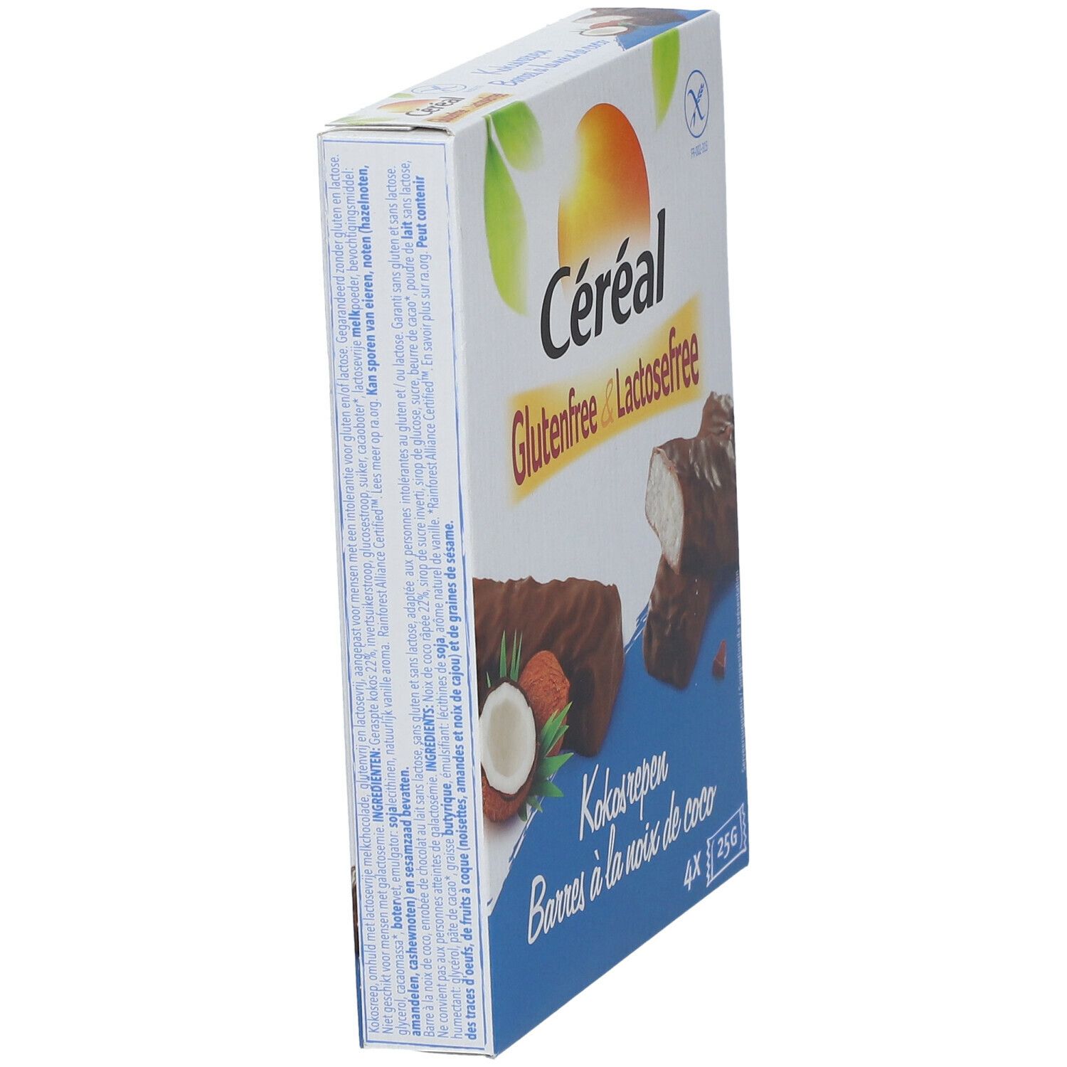 Schrägansicht der Céréal Kokosriegel-Verpackung. Glutenfrei & laktosefrei. Text und Abbildungen von Kokosnuss und Riegeln.