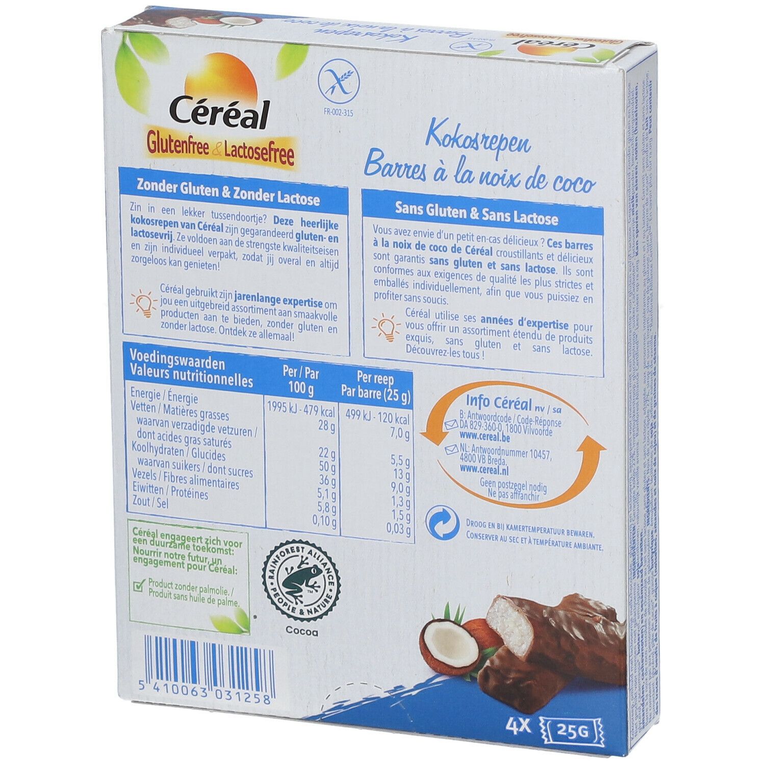 Rückseite der Céréal Kokosriegel-Verpackung. Nährwertangaben, Text in Deutsch, Französisch und Niederländisch. Kokosnuss-Abbildung.