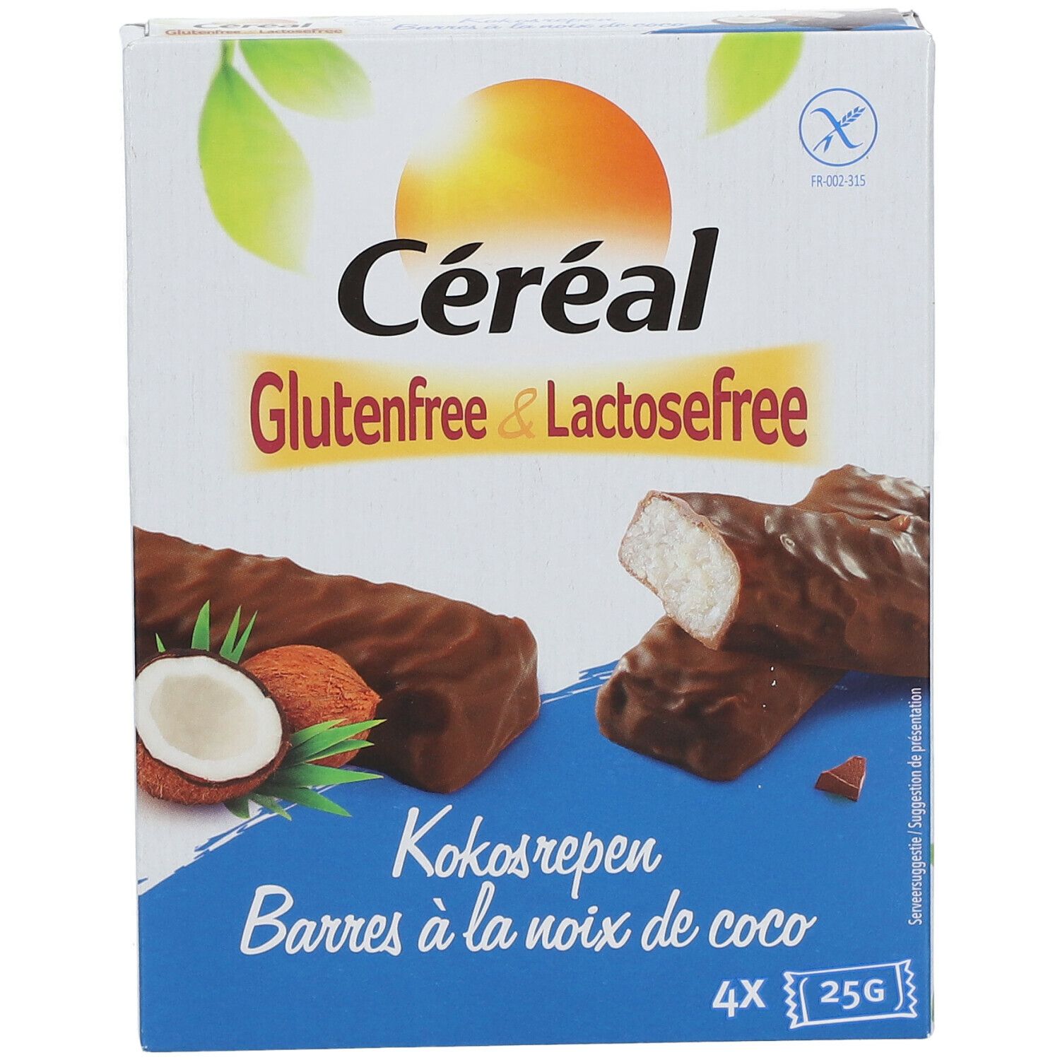 Céréal Kokosriegel-Verpackung. Glutenfrei & laktosefrei. 4 Riegel, 25g pro Riegel. Kokosnuss-Abbildung und Riegel.