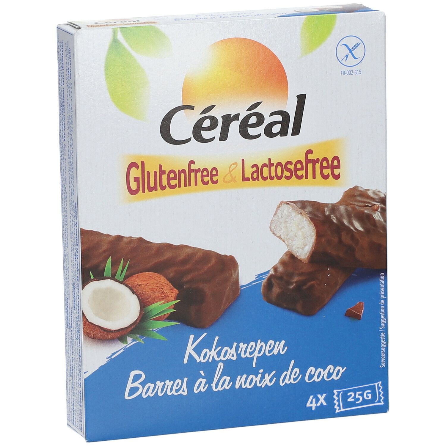 Céréal Kokosriegel-Verpackung. Glutenfrei & laktosefrei. 4 Riegel, 25g pro Riegel. Kokosnuss-Abbildung und Riegel.