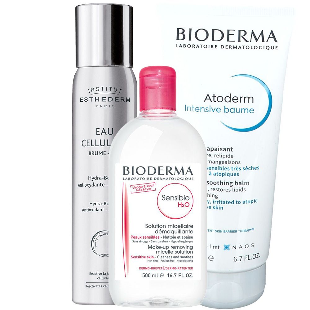 Drei Kosmetikprodukte: Sprühflasche, runde Flasche und Tube. Beschriftungen: BIODERMA, INSTITUT ESTHEDERM, Atoderm. Produkte für Gesicht und Haut.