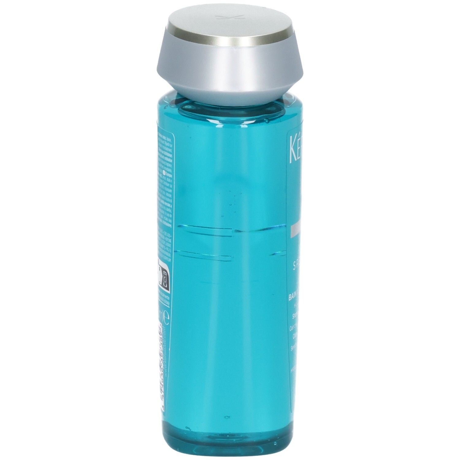 Kérastase Bain Vital Dermo-Calm Shampoo, Seitenansicht der blauen Flasche mit silbernem Verschluss.
