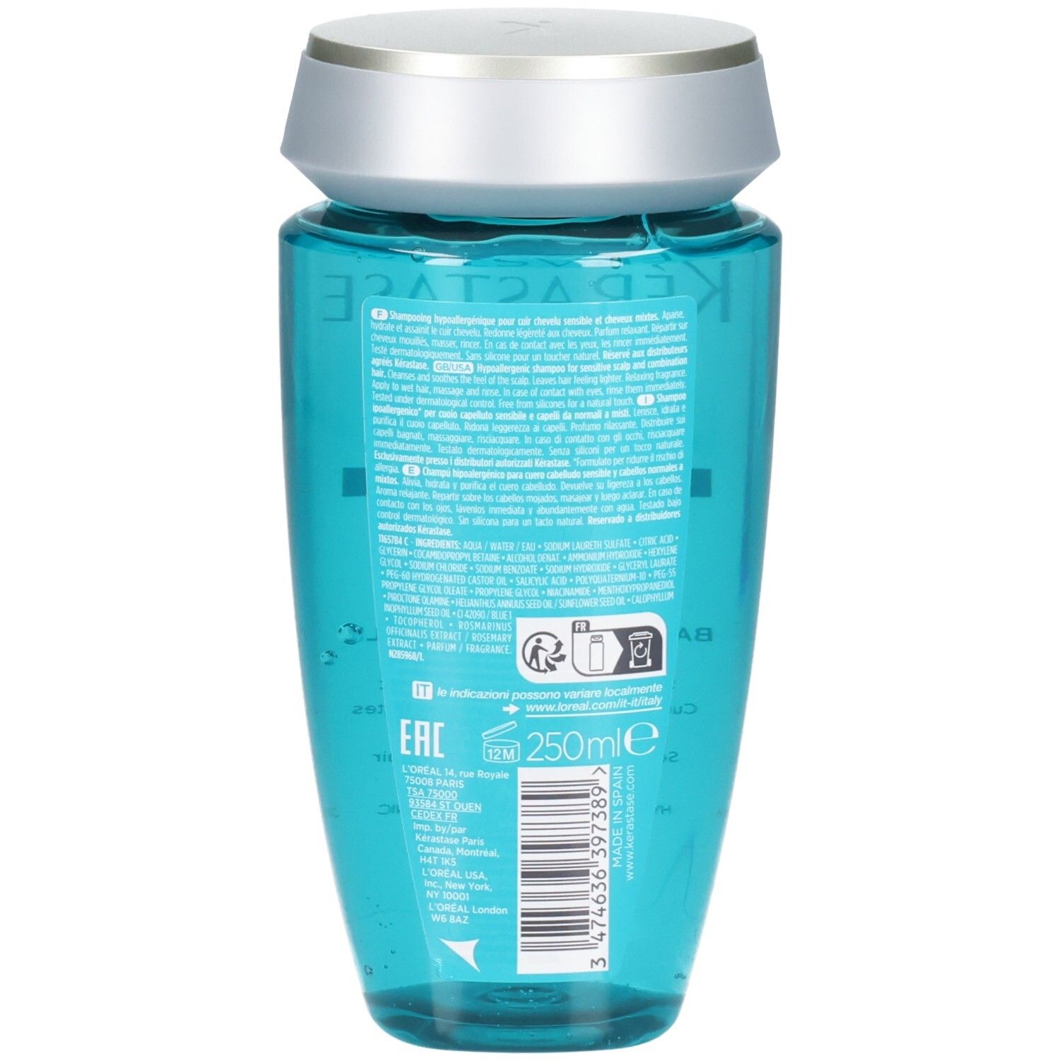 Rückseite der Kérastase Bain Vital Dermo-Calm Shampoo Flasche mit Etikett und Barcode, 250ml.