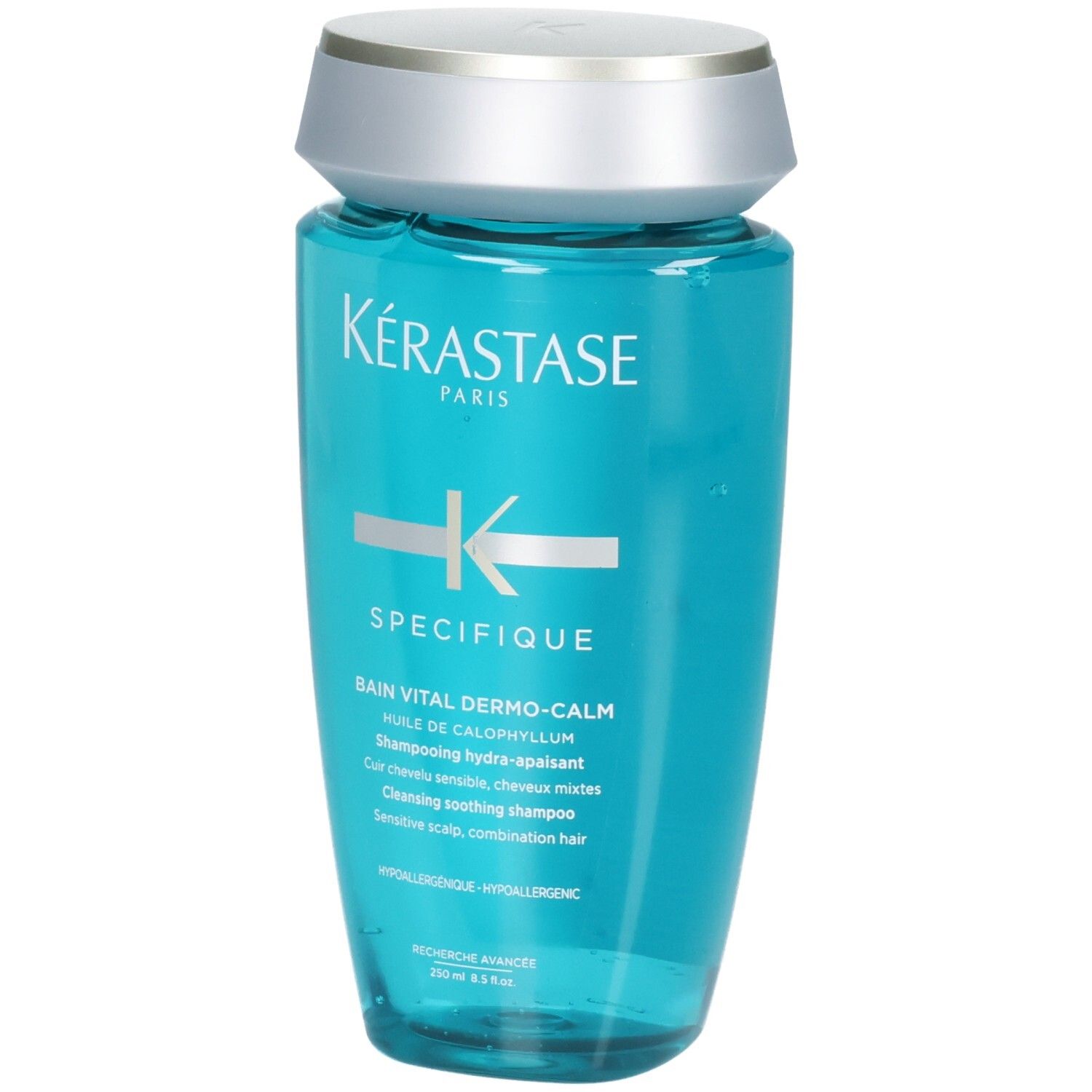Kérastase Bain Vital Dermo-Calm Shampoo, 250ml, blaue Flasche mit silbernem Verschluss.