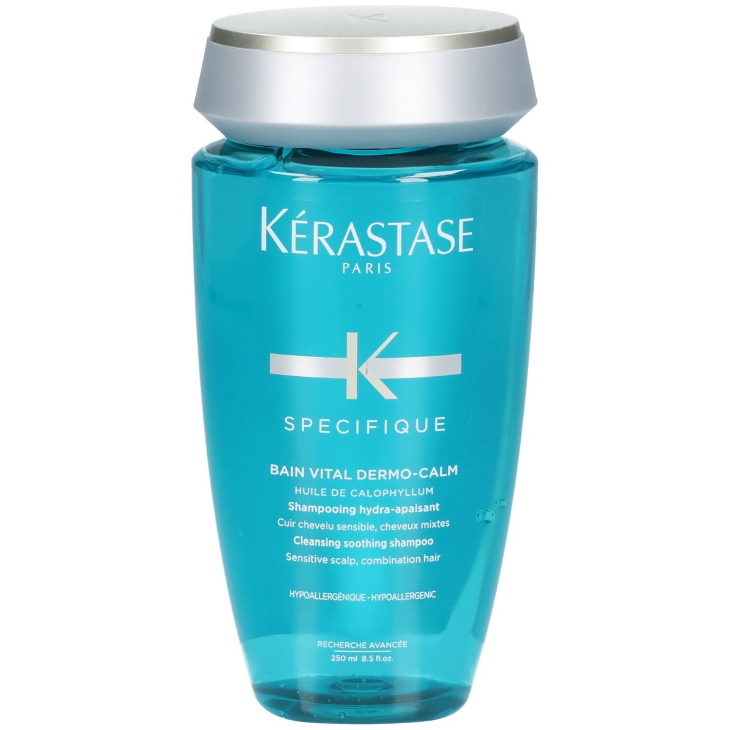 Kérastase Bain Vital Dermo-Calm Shampoo, 250ml, blaue Flasche mit silbernem Verschluss.