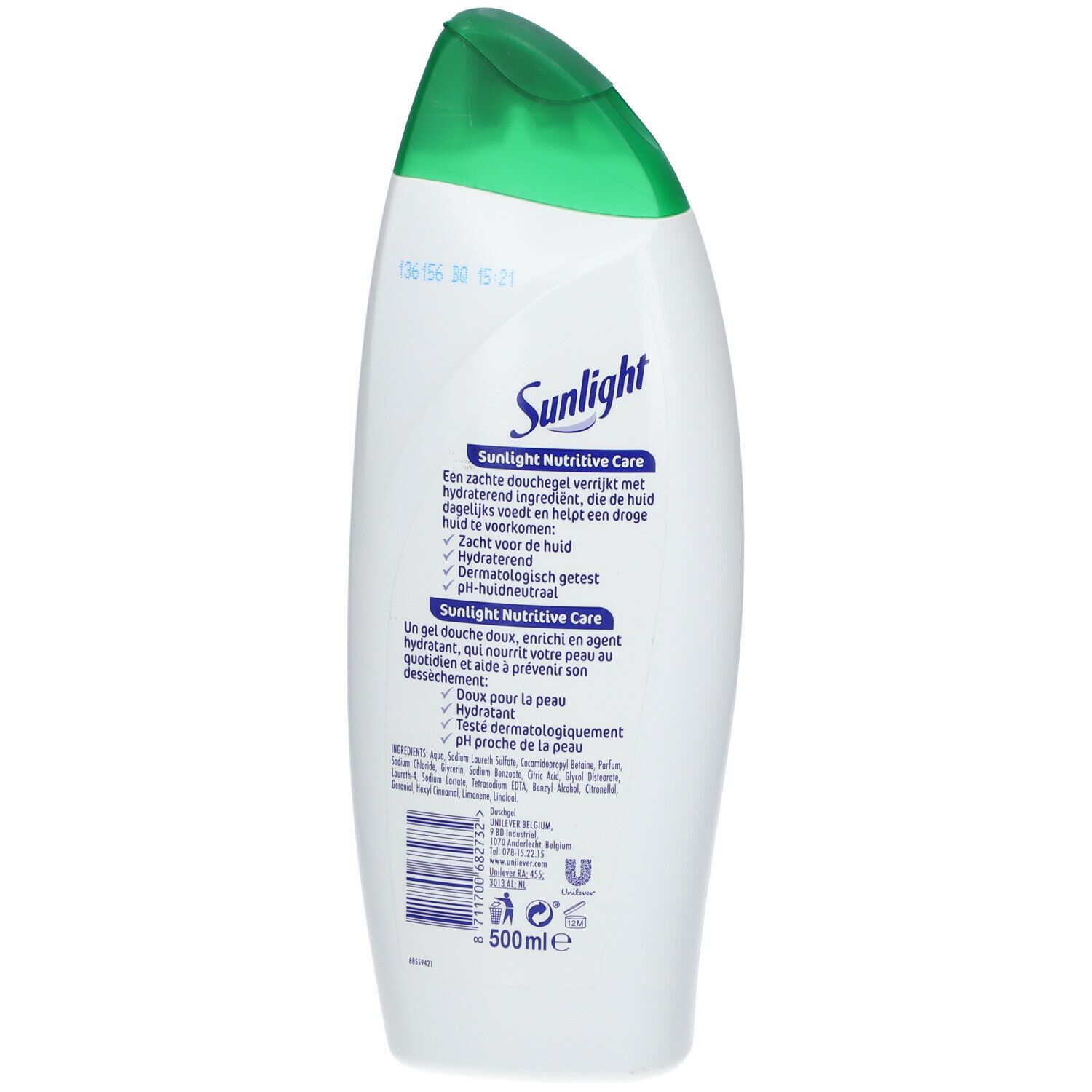 Weiße Flasche mit grünem Deckel. Aufschrift Sunlight Nutritive Care. 500ml.