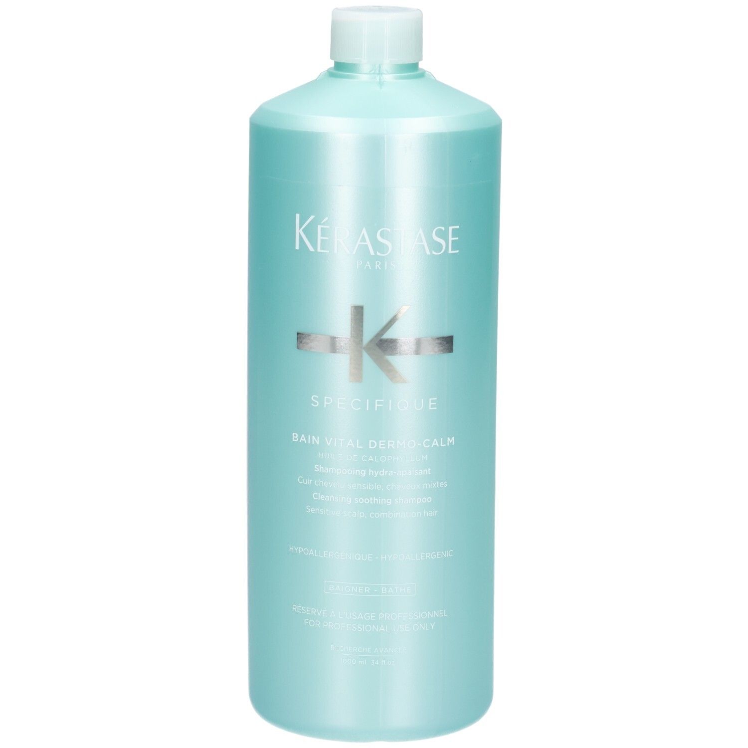 Kérastase Specifique Bain Vital Dermo-calm Shampooing hydra-apaisant dans une bouteille turquoise.