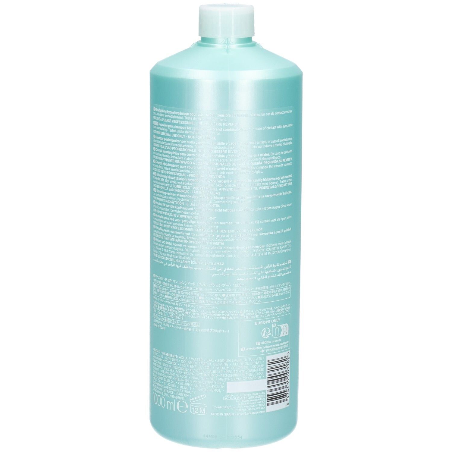 Dos de la bouteille Kérastase Specifique Bain Vital Dermo-calm Shampooing hydra-apaisant avec ingrédients et code-barres.