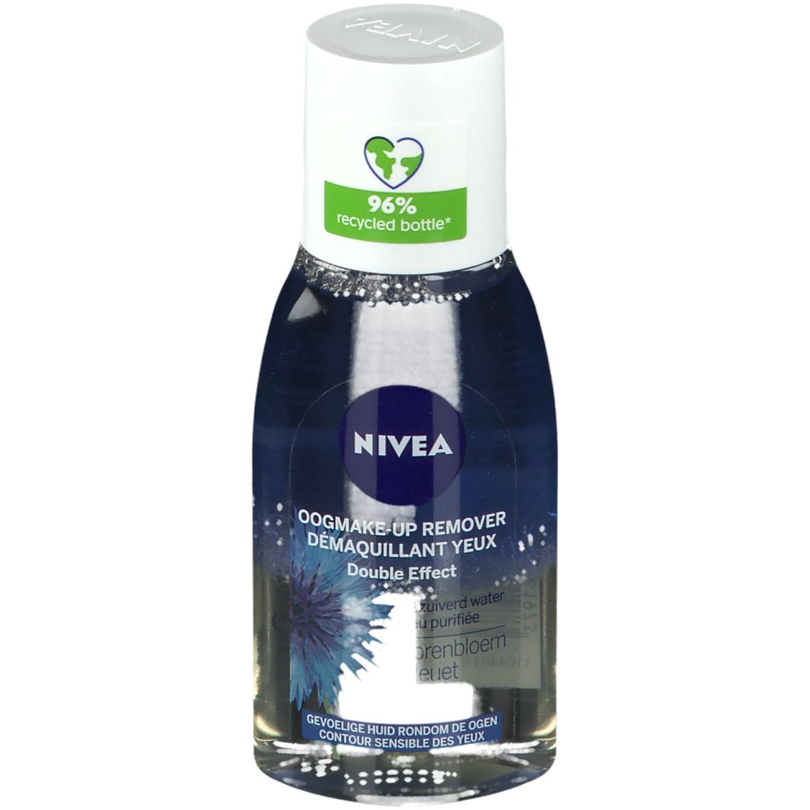 Rückseite der NIVEA Augen-Make-up-Entferner-Flasche mit Etikett und Barcode.