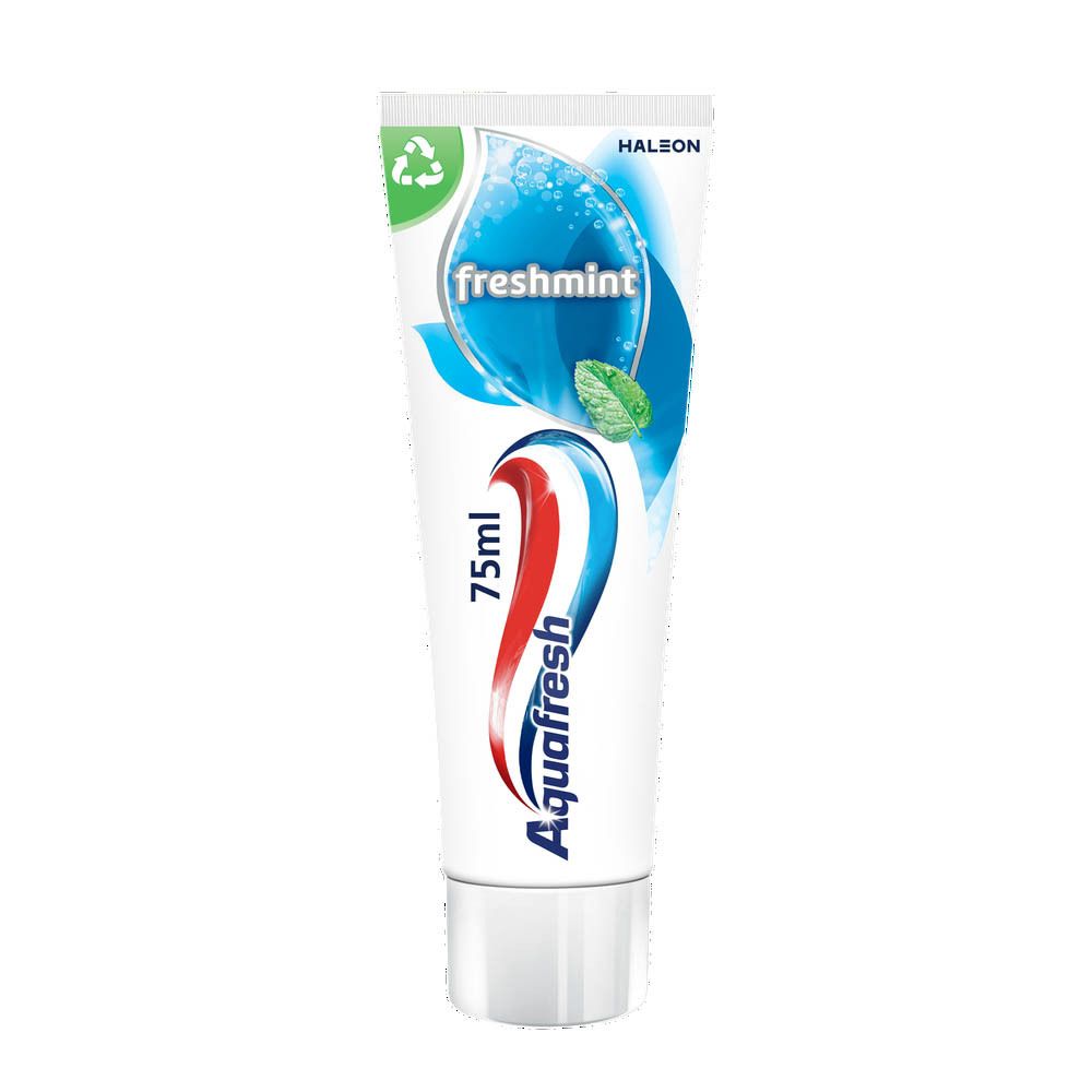 Tube de dentifrice. Inscriptions : freshmint, Aquafresh.