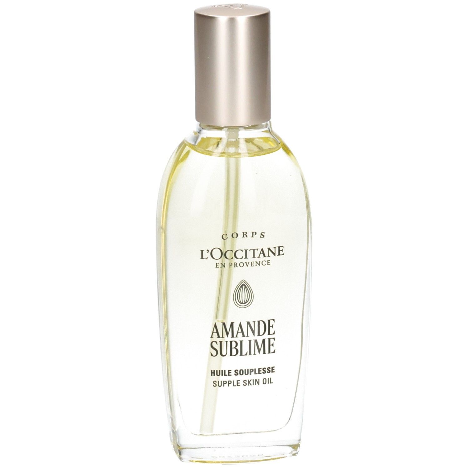 L'OCCITANE Mandelöl: Flakon mit Pumpspender und silbernem Verschluss. Klare Flüssigkeit.