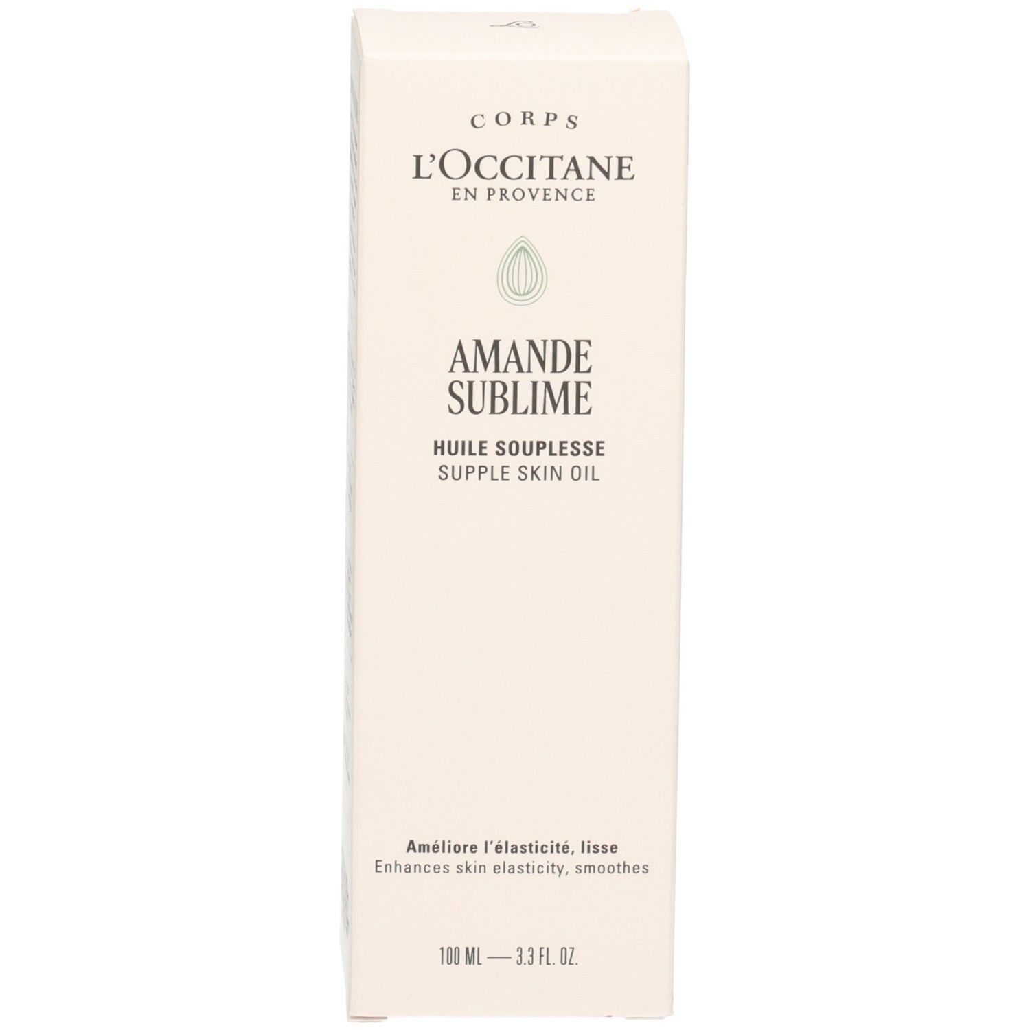 L'OCCITANE Mandelöl: Umverpackung mit Produktinformationen. Helle Kartonverpackung.