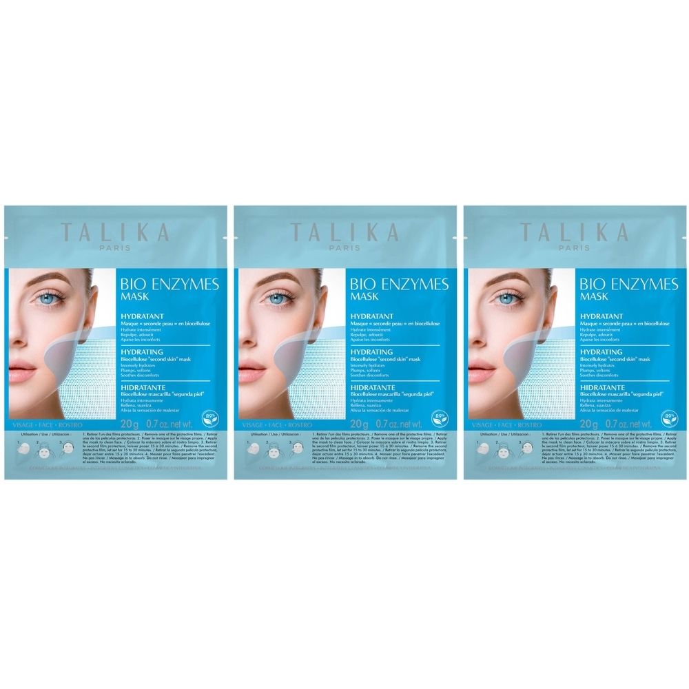 Trois masques TALIKA Bio Enzymes Hydratant. Emballage bleu clair avec image et texte du produit. 20g.