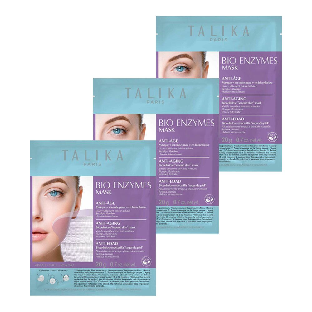 Drei Beutel mit Gesichtsmasken. Aufschrift: TALIKA PARIS, BIO ENZYMES MASK, Anti-Aging. Auf jedem Beutel ist ein Frauenauge abgebildet.