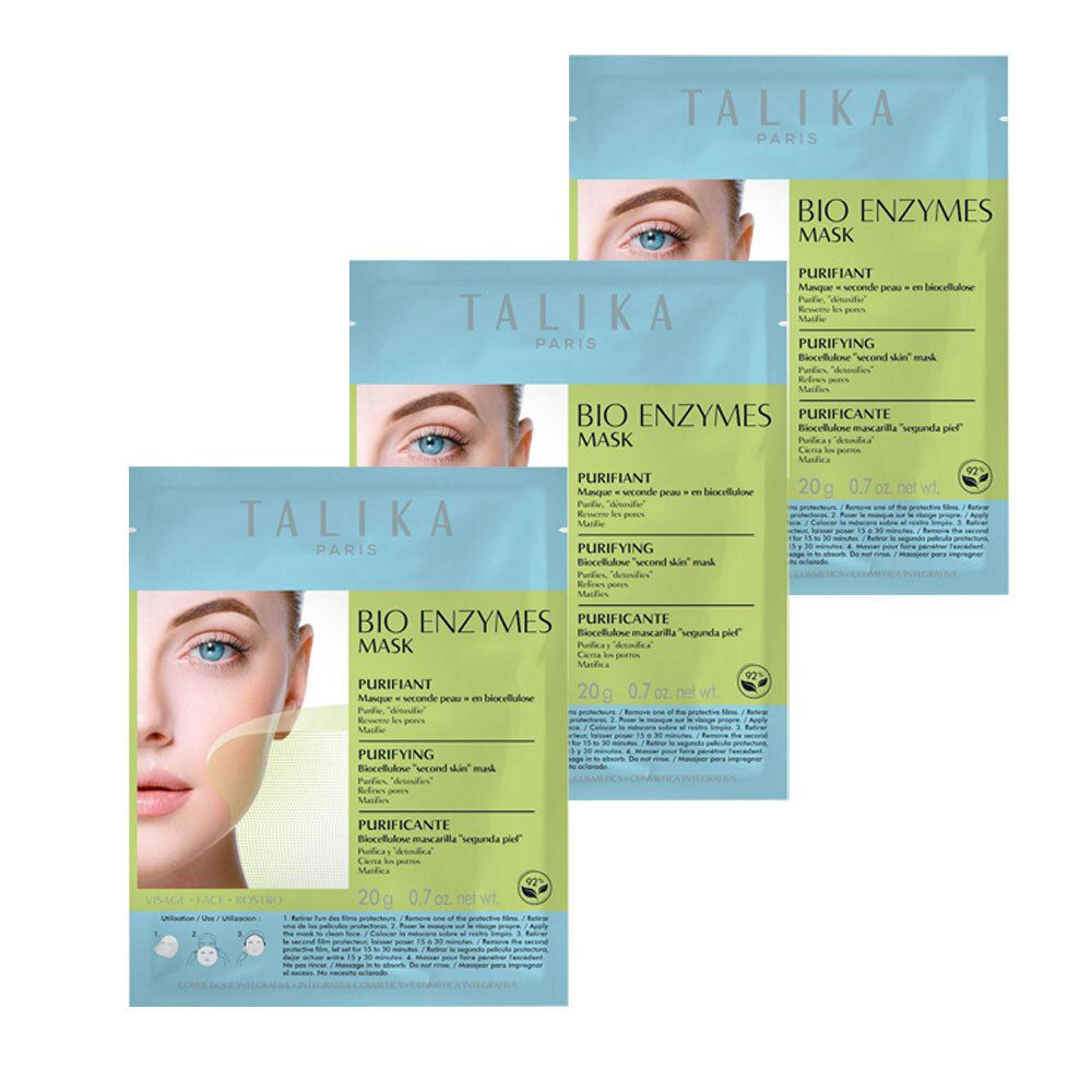 Trois sachets TALIKA Bio Enzymes Mask Purifying. Emballage bleu clair et vert, nom du produit et visage.