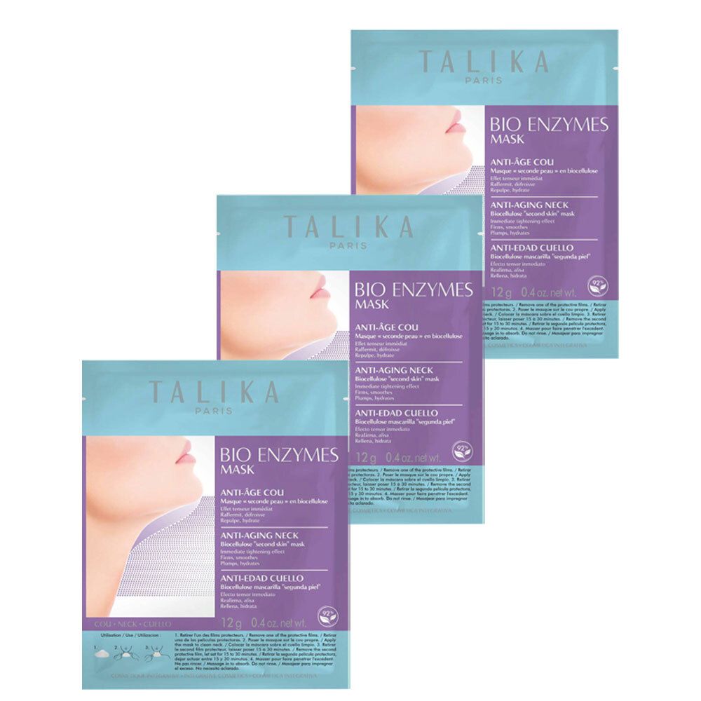 Trois masques pour le cou, design violet et blanc, nom du produit et illustration d'un cou.