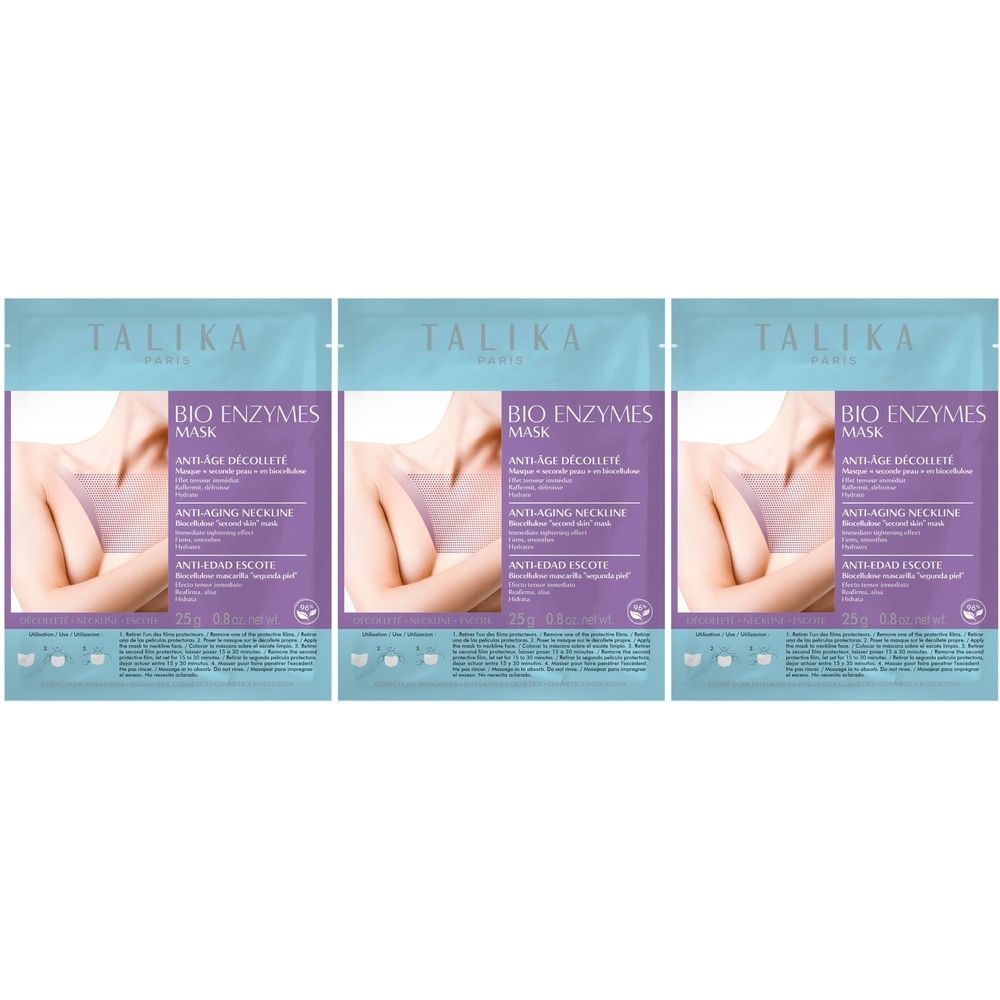 Trois masques TALIKA Bio Enzymes pour le décolleté. Emballage avec image du produit et texte. Tons violets et bleu clair.