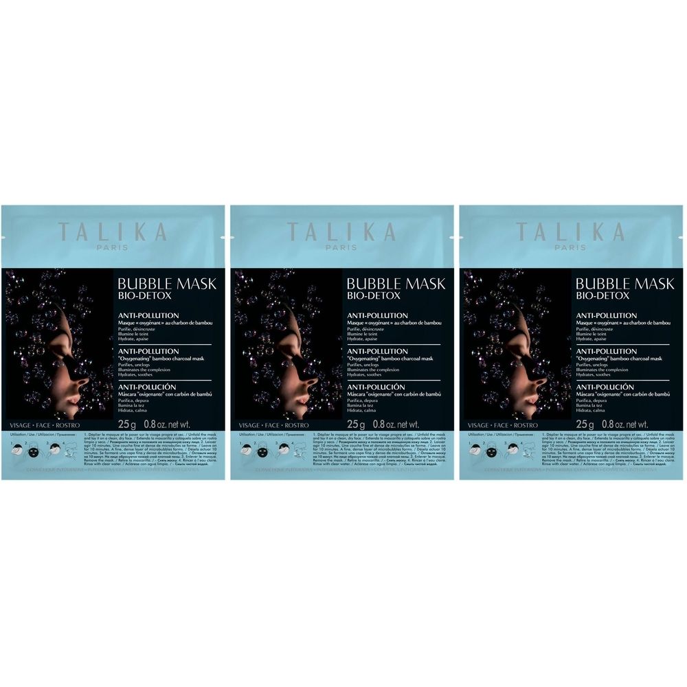 Trois sachets TALIKA Bubble Mask Bio-Detox. Emballage bleu clair avec nom du produit et profil de visage.