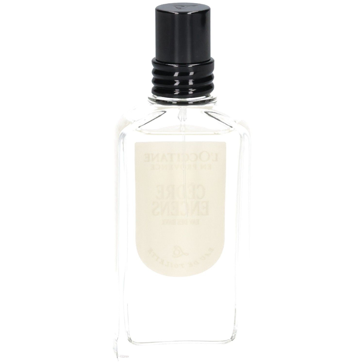 Rückseite der L'OCCITANE Eau de Toilette Cèdre Encens (Eau des Baux) Glasflasche.
