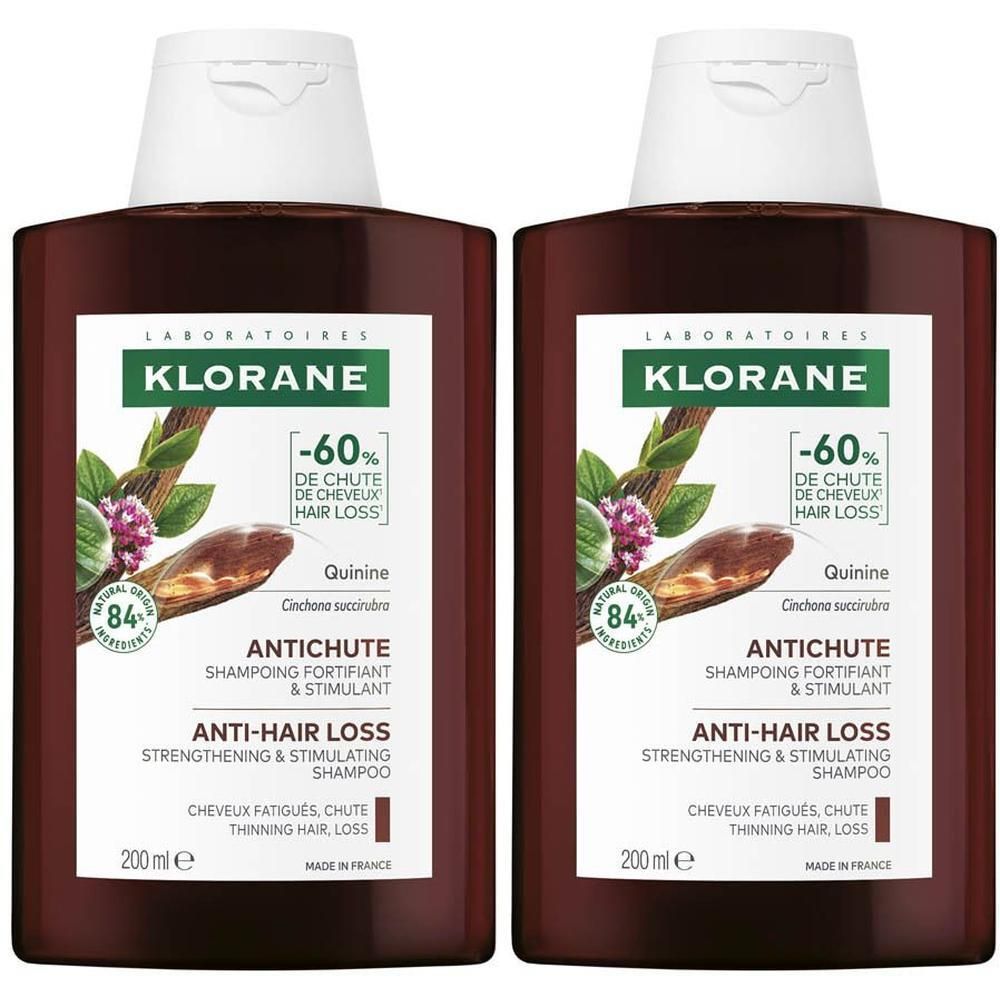 Zwei Klorane Shampooflaschen mit Chinin und Bio-Edelweiss, 200ml.