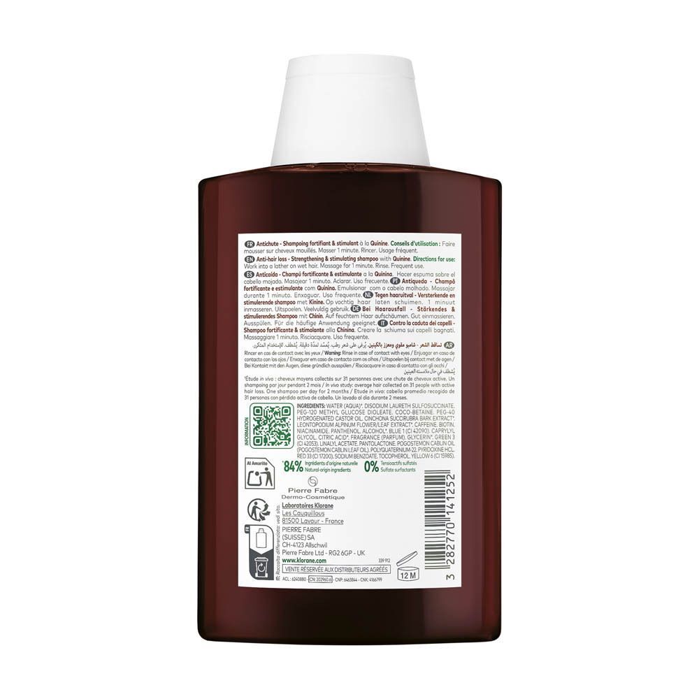 Rückseite einer Klorane Shampooflasche mit Chinin und Bio-Edelweiss, 200ml.