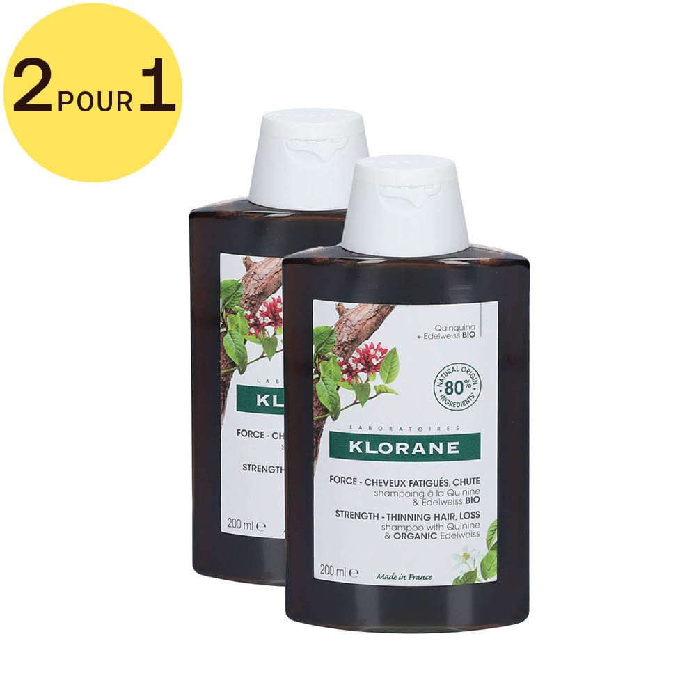 Arrière d'un flacon de shampoing Klorane au Quinquina et Edelweiss Bio, 200ml.