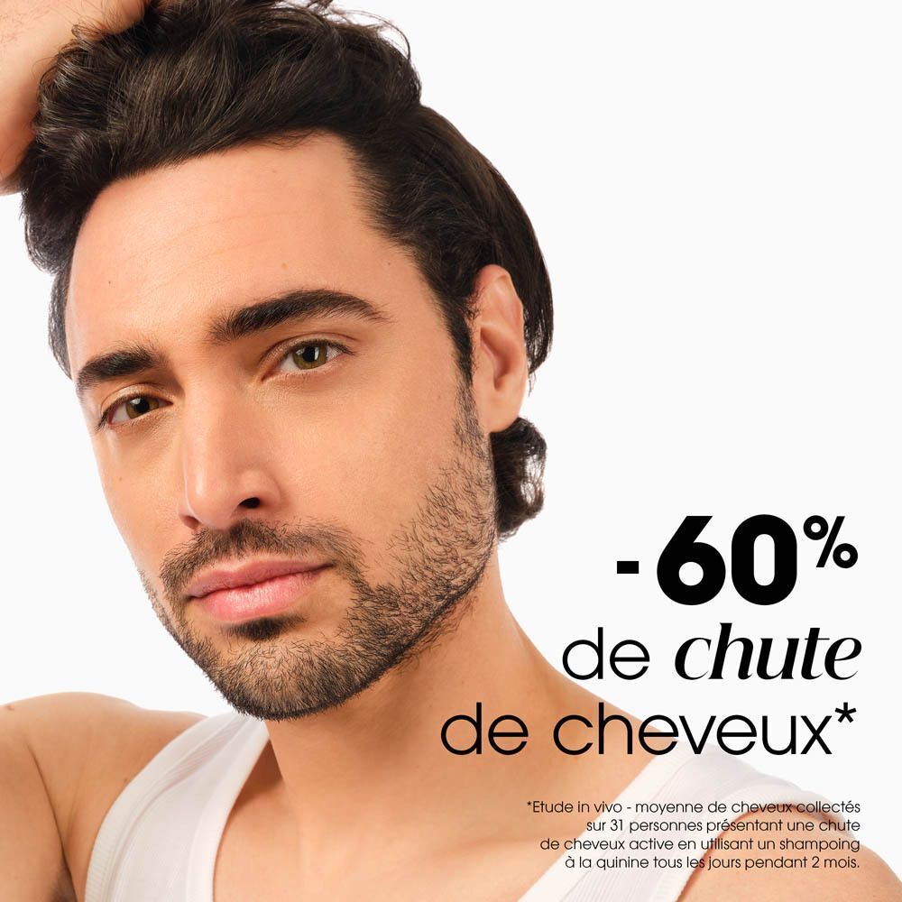 Mann mit dunklem Haar, der sich an die Haare fasst. Text: -60% Haarausfall.