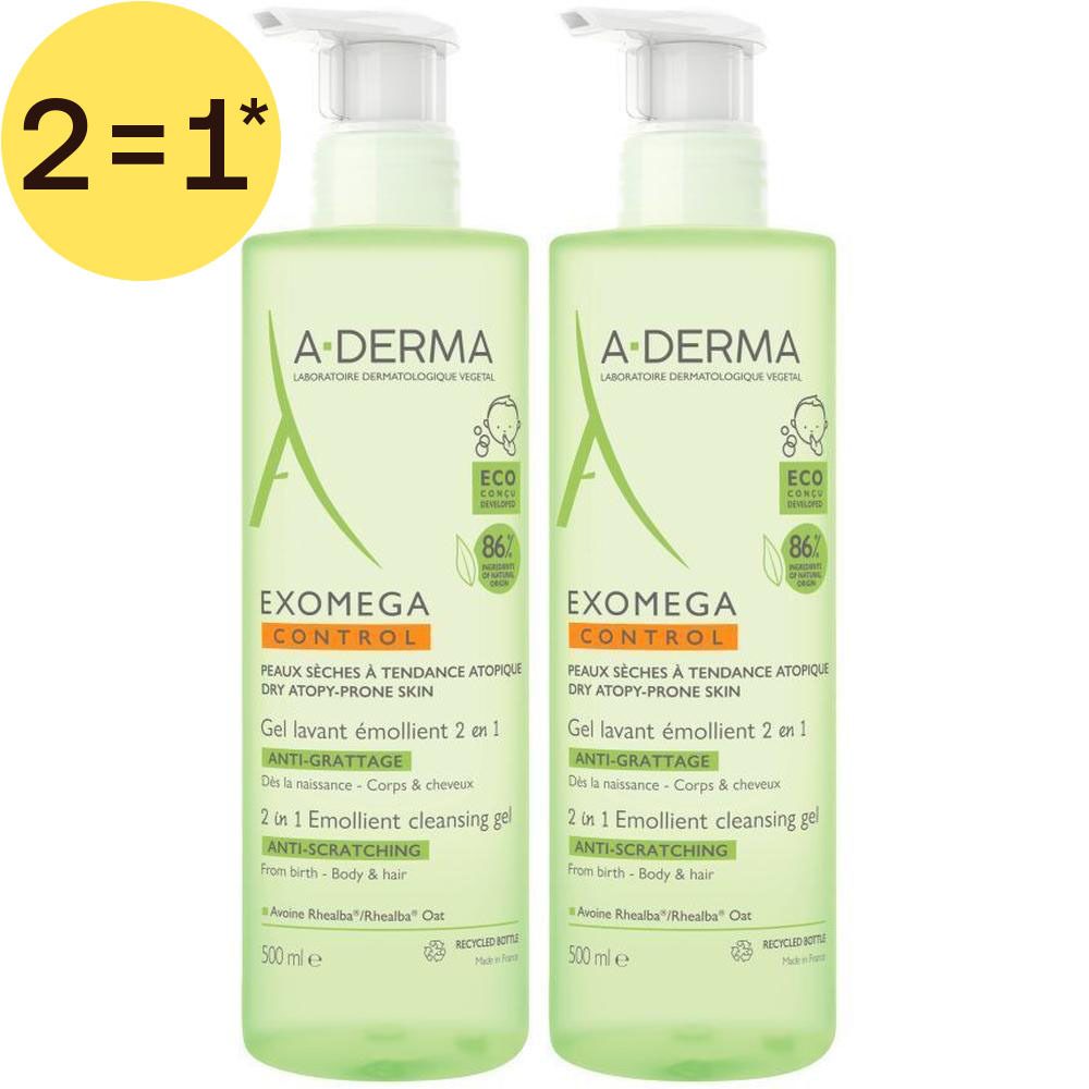 Deux flacons de gel lavant A-DERMA Exomega Control. Flacons verts avec pompe blanche. Texte: EXOMEGA CONTROL, 2en1.