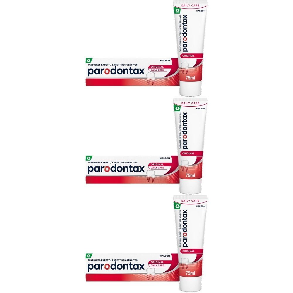 Trois boîtes de dentifrice parodontax® Original. Emballage rouge et blanc avec nom et logo.