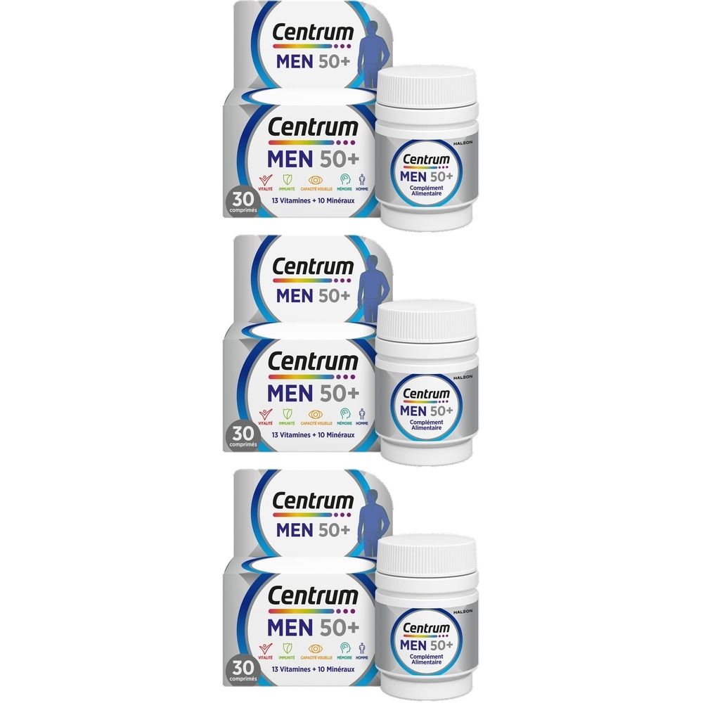 Trois boîtes de Centrum® Men 50+. Boîtes blanches avec logo et 30 comprimés.