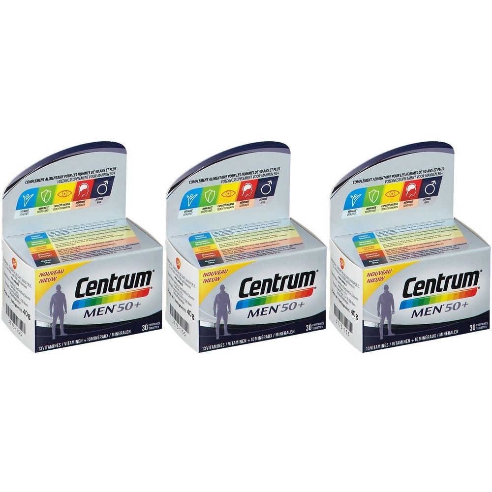 Drei Schachteln Centrum Men 50+. Weiße Verpackung mit Logo und Produktbezeichnung. Aufklappbare Oberseite mit farbigen Grafiken.