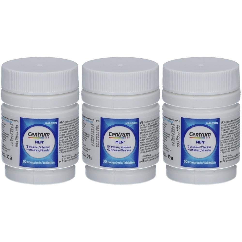 Drei weiße Flaschen mit blauen Etiketten. Aufschrift: Centrum MEN. 30 Tabletten.