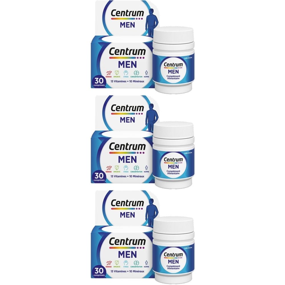 Trois flacons blancs avec étiquettes bleues. Inscription : Centrum MEN. 30 comprimés.