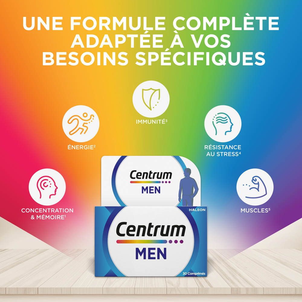 Trois boîtes et trois flacons Centrum MEN. Emballage bleu avec logo et 30 comprimés.