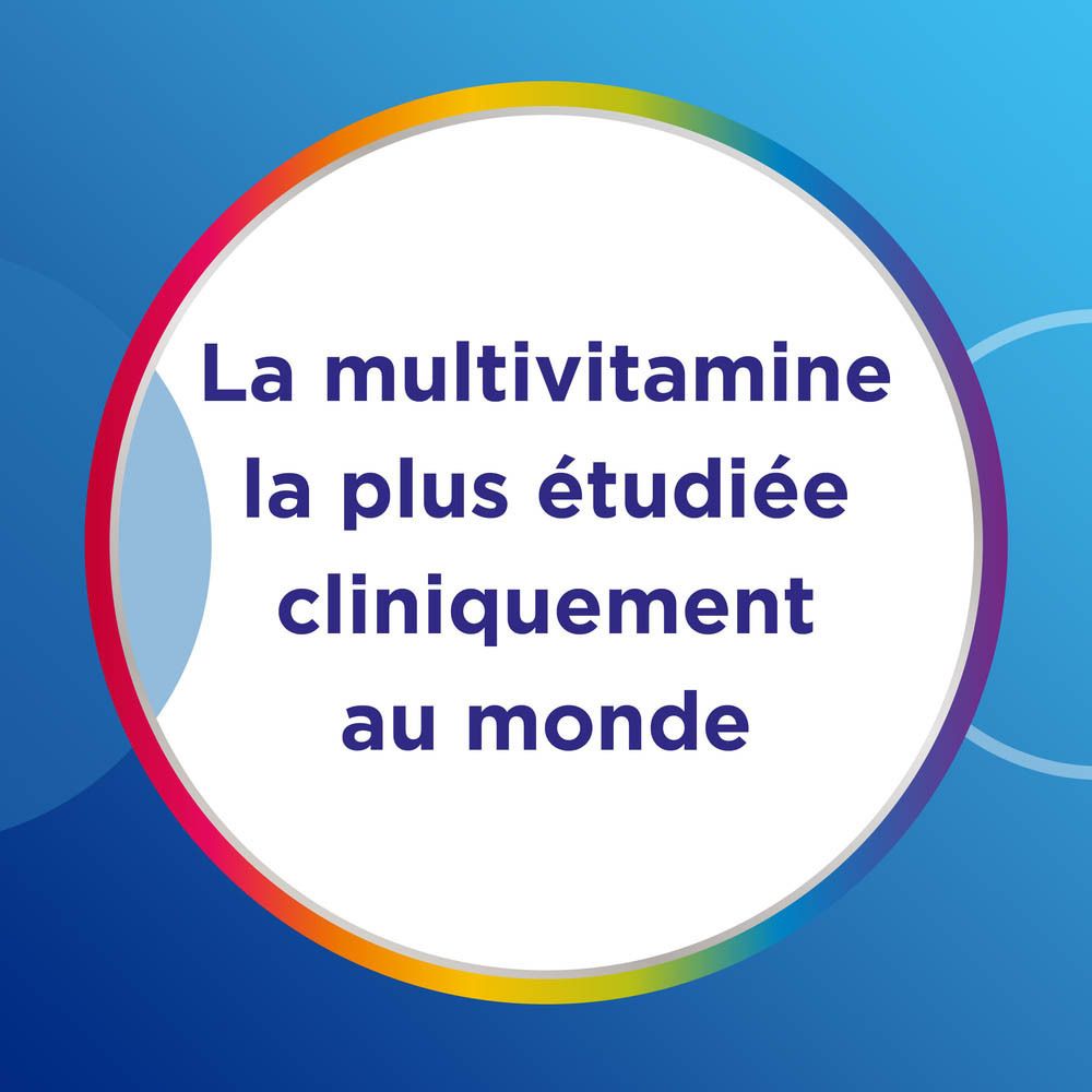 Comprimé multivitaminé bleu avec ingrédients. Texte : 13 vitamines + 10 minéraux.