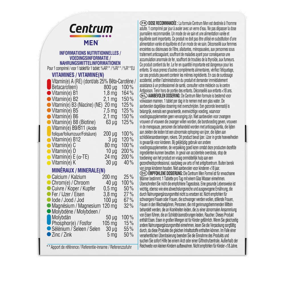 Flacon blanc avec étiquette bleue. Inscription : Centrum MEN. 30 comprimés.