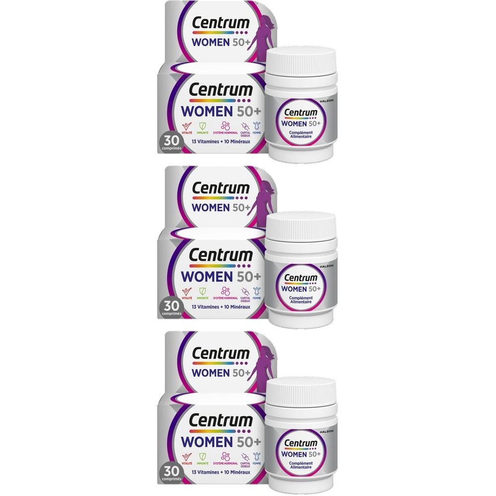 Paquets et flacons Centrum Women 50+. Inscription : 13 vitamines + 10 minéraux.