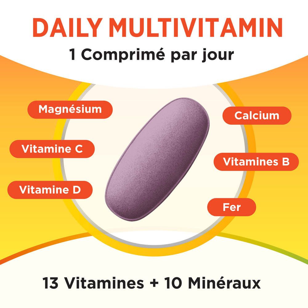 Comprimé multivitaminé avec texte : 13 vitamines + 10 minéraux. Ingrédients : Magnésium, Calcium, Vitamines C, D, B, Fer.