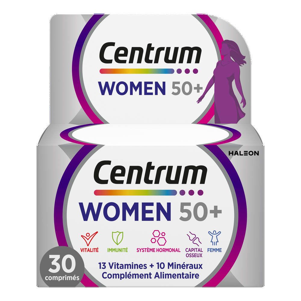 Paquet Centrum Women 50+ avec 30 comprimés. Inscription : 13 vitamines + 10 minéraux.