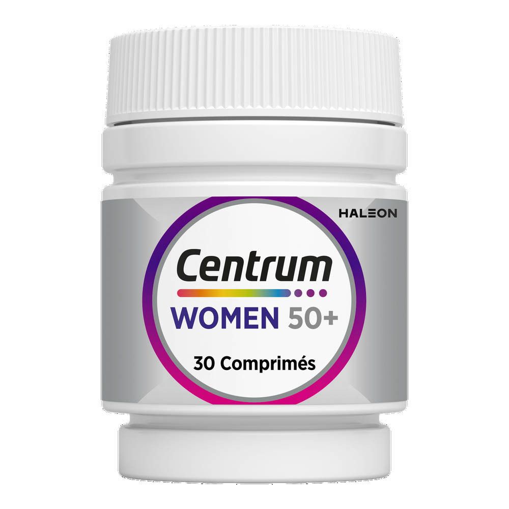 Flacon blanc Centrum Women 50+ avec 30 comprimés. Inscription : 13 vitamines + 10 minéraux.