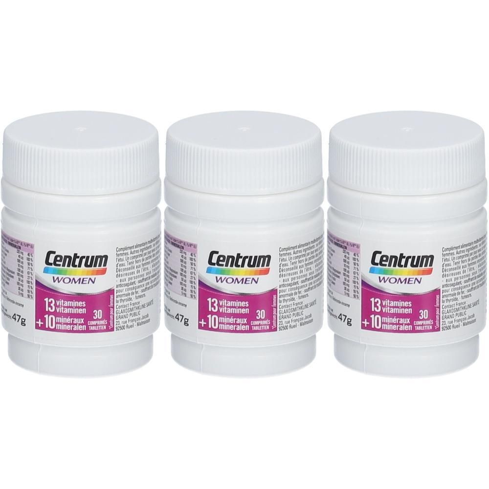Drei weiße Flaschen mit Centrum Women. Aufschrift: 13 Vitamine + 10 Mineralstoffe. 30 Tabletten.