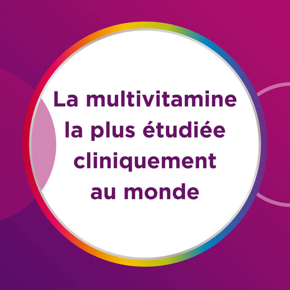 Un comprimé avec texte. Inscription: 13 vitamines + 10 minéraux. Magnésium, Calcium, Vitamine C, D, B, Fer.