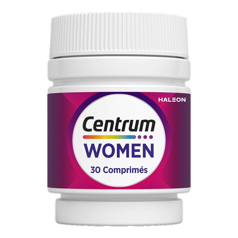 Une boîte Centrum Women avec icônes et texte. Inscription: 30 comprimés, 13 vitamines + 10 minéraux.