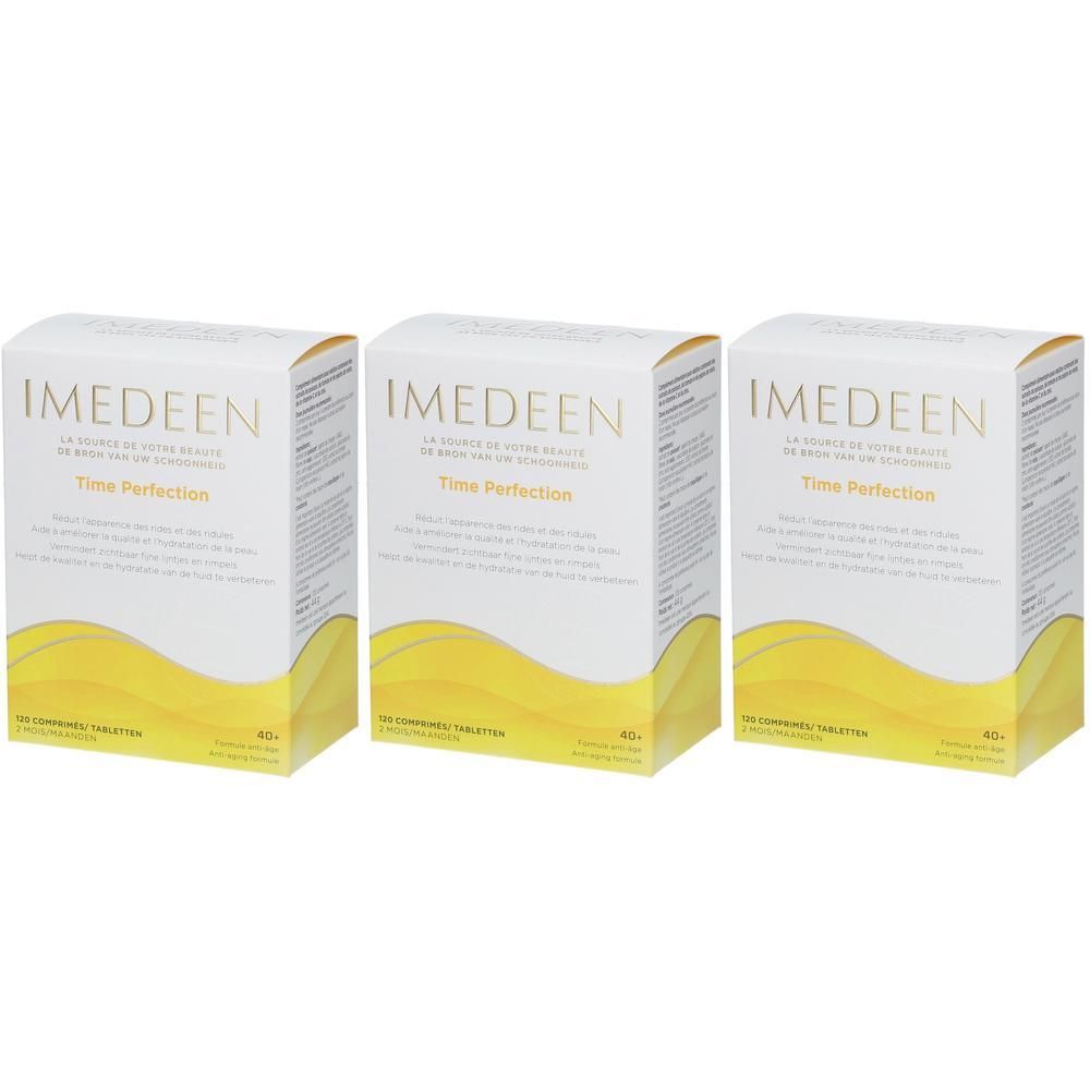 Drei Schachteln IMEDEEN Time Perfection. Weiße Verpackung mit gelben Wellen und goldfarbenem Schriftzug. 40+ auf der Verpackung.