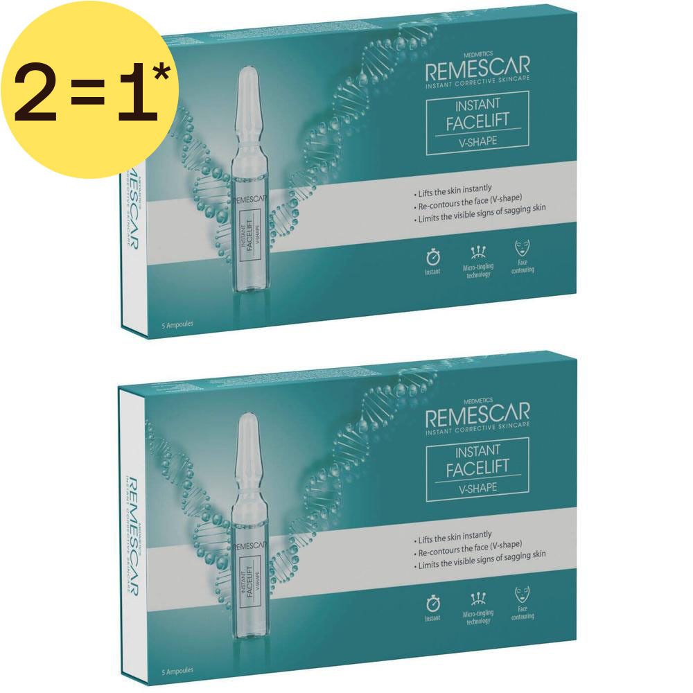 Deux boîtes de Remescar Instant Facelift V-Shape. Ampoules visibles. Autocollant 1+1 GRATUIT.
